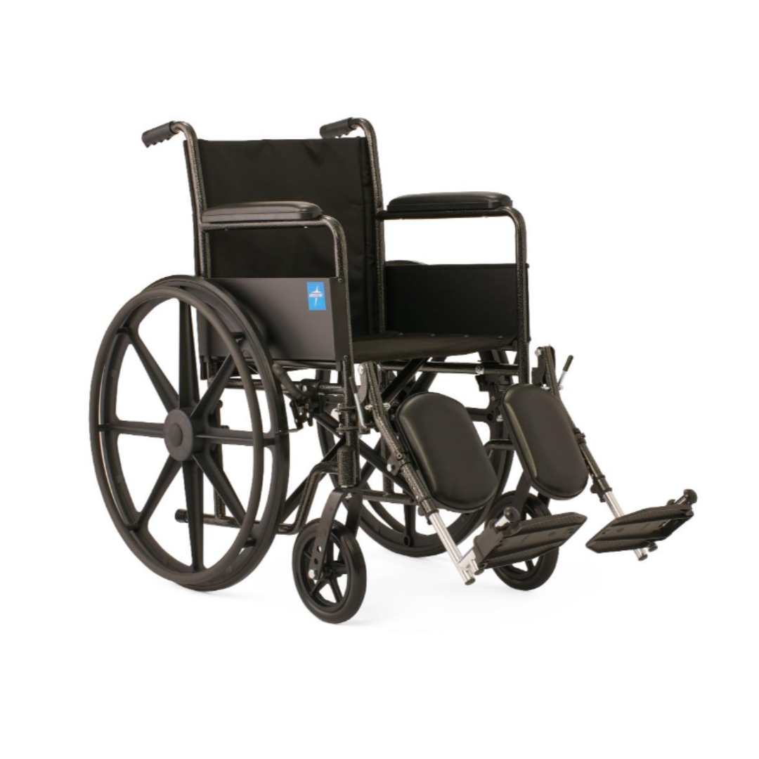 The Medline Guardian K1 Wheelchair with durable black nylon upholstery features large rear wheels, small front wheels, armrests, and extended footrests for daily use, displayed against a plain white background.